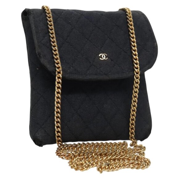 CHANEL Mini Matelasse Chain Pouch cotton Navy Gold